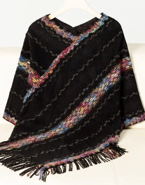 Women's Sweater 2025 Fashion Drizzle Autumn and Winter New Women's Clothing Colorful Striped Knitted Tassel Cloak Shawl Sweater