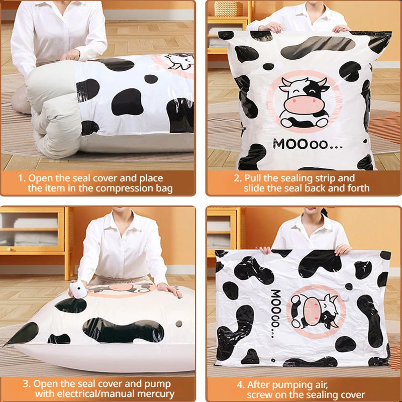 1 pc thickened pc vacuum storage bag, cow pattern, closet space saving 75%, clothing luggage special bag