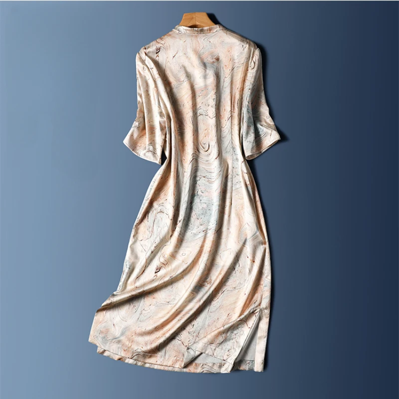 Vestidos estampados de seda para mujer, novedad de 2023, vestido holgado de satén de manga corta de verano estilo imperio chino, ropa con cuello