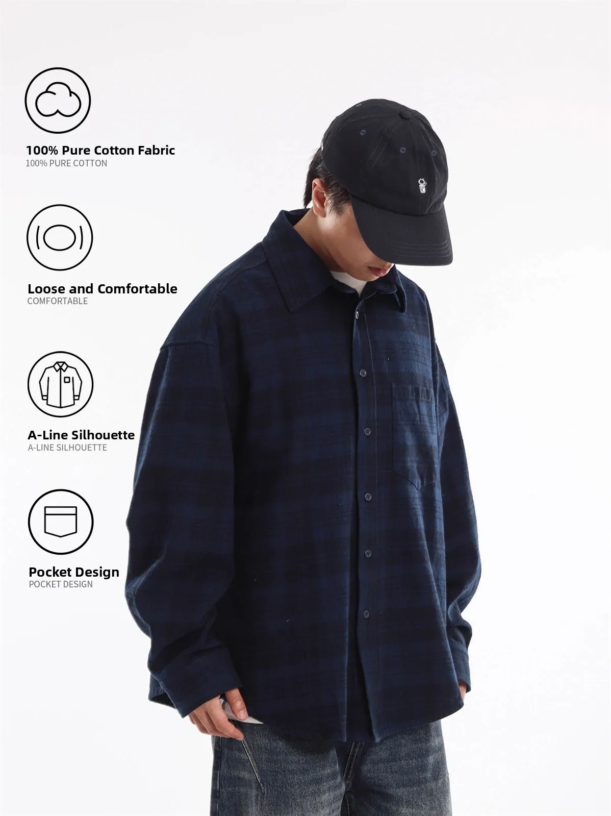 Heavyweight Precision Spun Deep Blue Long Sleeve Pure Cotton Plaid Men's Shirt Retro Japanese Style Outerwear Cityboy Fashion