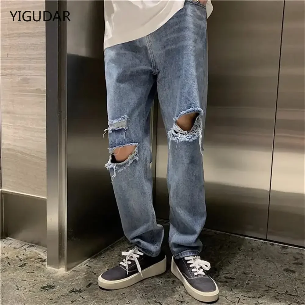 

Men Jeans Wide leg Straight Jeans S -3XL Hole Ripped Street wear All-match Denim Trousers Mens Loose Casual Fashion Harajuku New