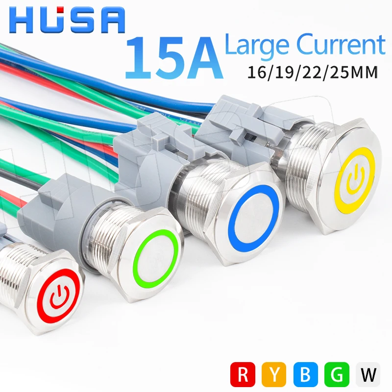 16/19/22/25MM 1NO 10A/15A/20A Large Current Metal Push Button Switch Self Reset Self-Locking With Lamp 3V/6V/12V/24V/48V220V