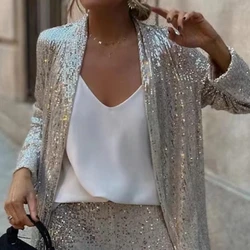 Monochrome Sequin Suit with Beads and Small Lapel, Fashionable Temperament Suits, Medium Long-Sleeved