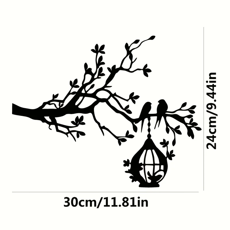 1 pièce, Décoration murale extérieure minimaliste en métal avec motif paysager, Deux oiseaux sur une branche, Grande cage suspendue sous l'arbre - Décoration murale paysagère paisible