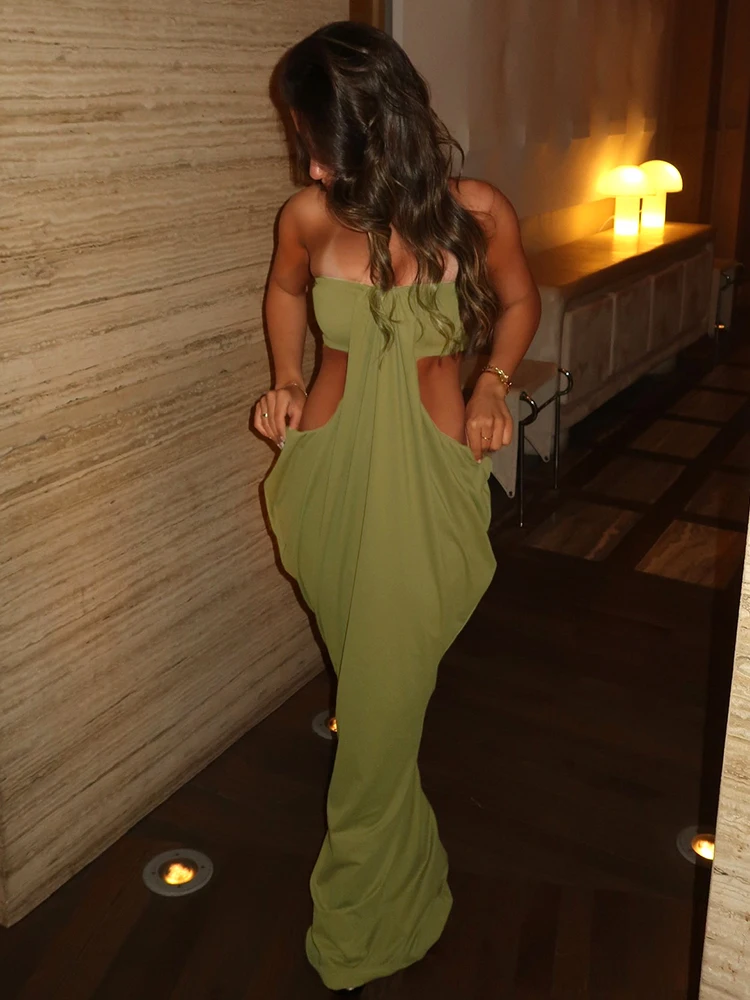 Whatiwear Sexy Hollow Waistless Strapless Dress Women Sexy Off Shoulder Backless Midnight Prom Party Ruched Elegant Long Bodycon