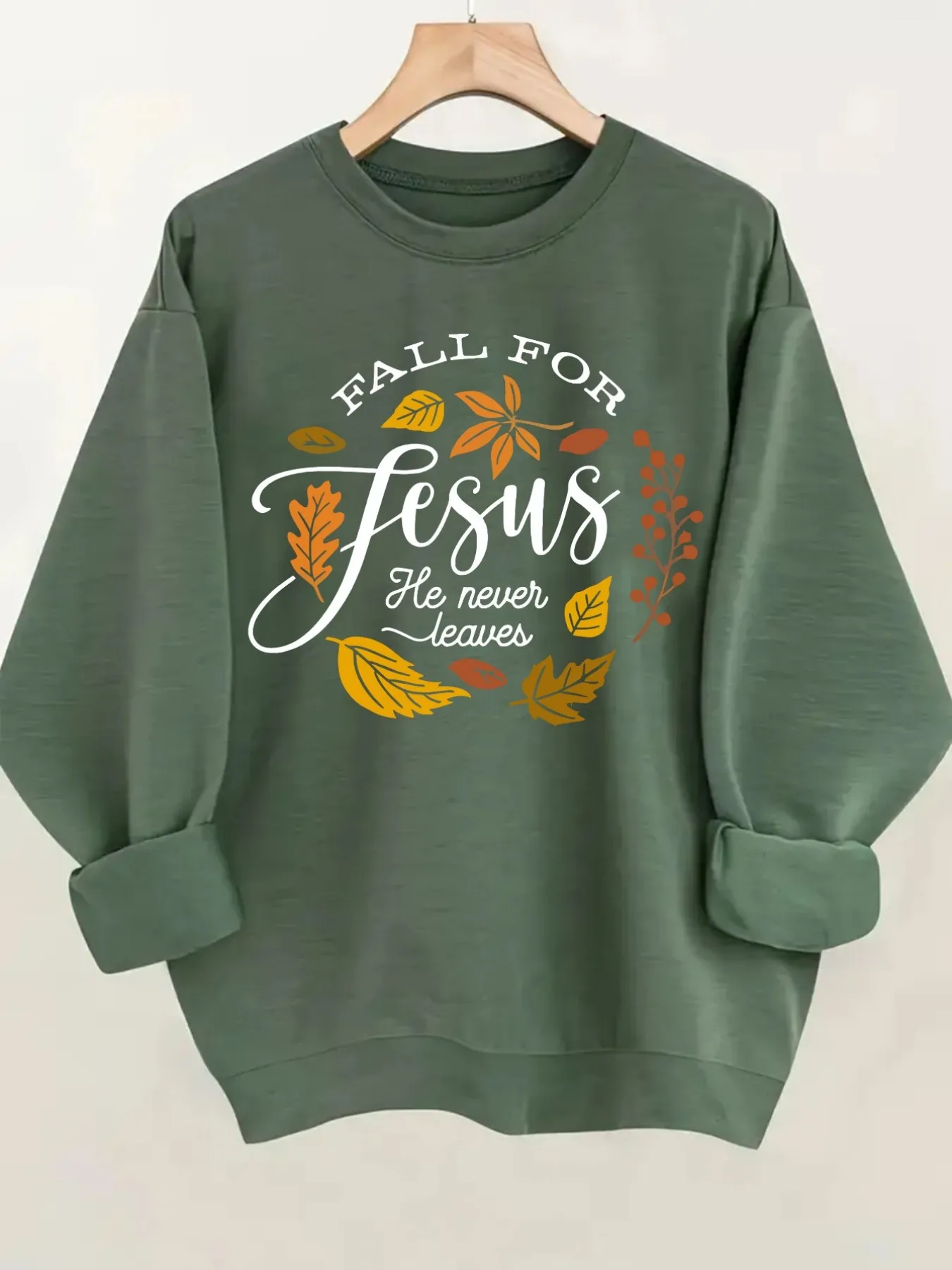 Women's Crew Neck Pullover Sweatshirt Fall For Jesus Design, Soft Casual Long Sleeve, Daily Casual Top Outfit, Winter Women's Clothing, Thanksgiving Outfit