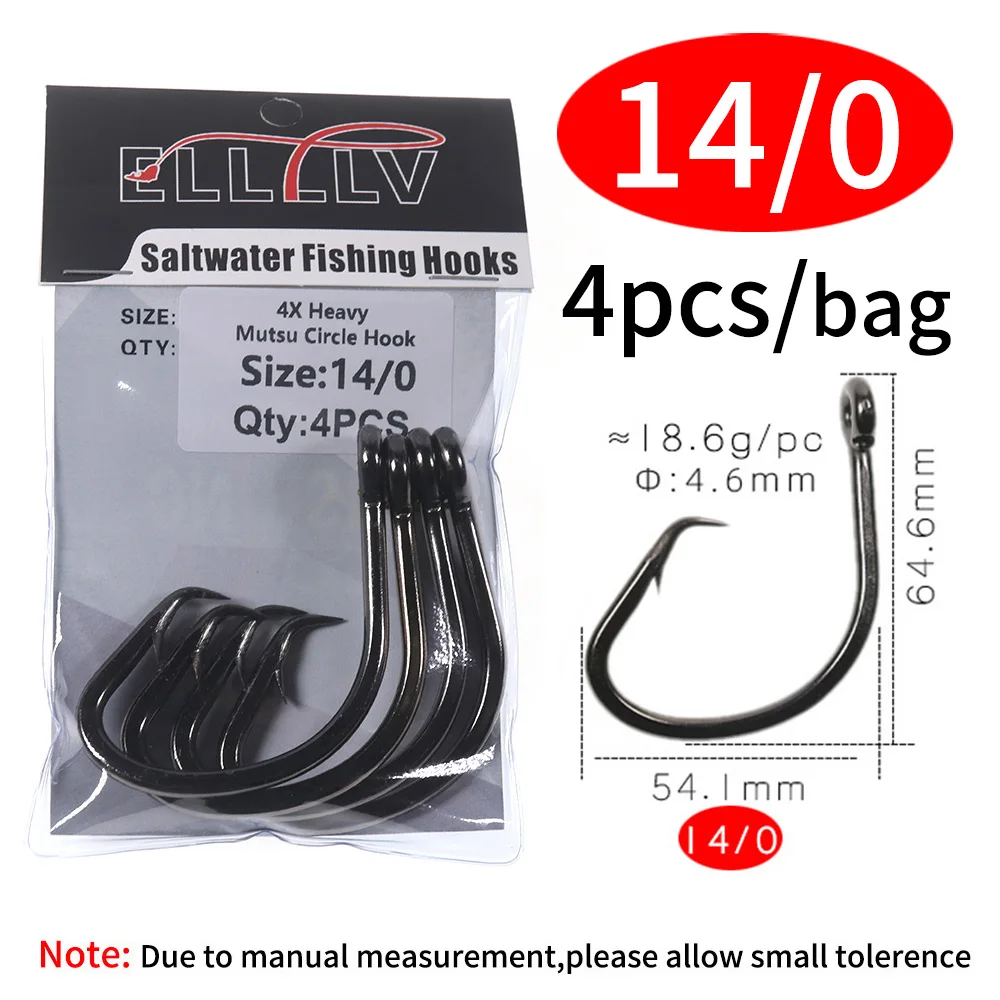 Elllv 4X Zware Mutsu Cirkel Super Sterke Zoutwater Boot Vissen Trolling Haak Offset 5/0 - 16/0 voor Grouper Snapper Tonijn Haai