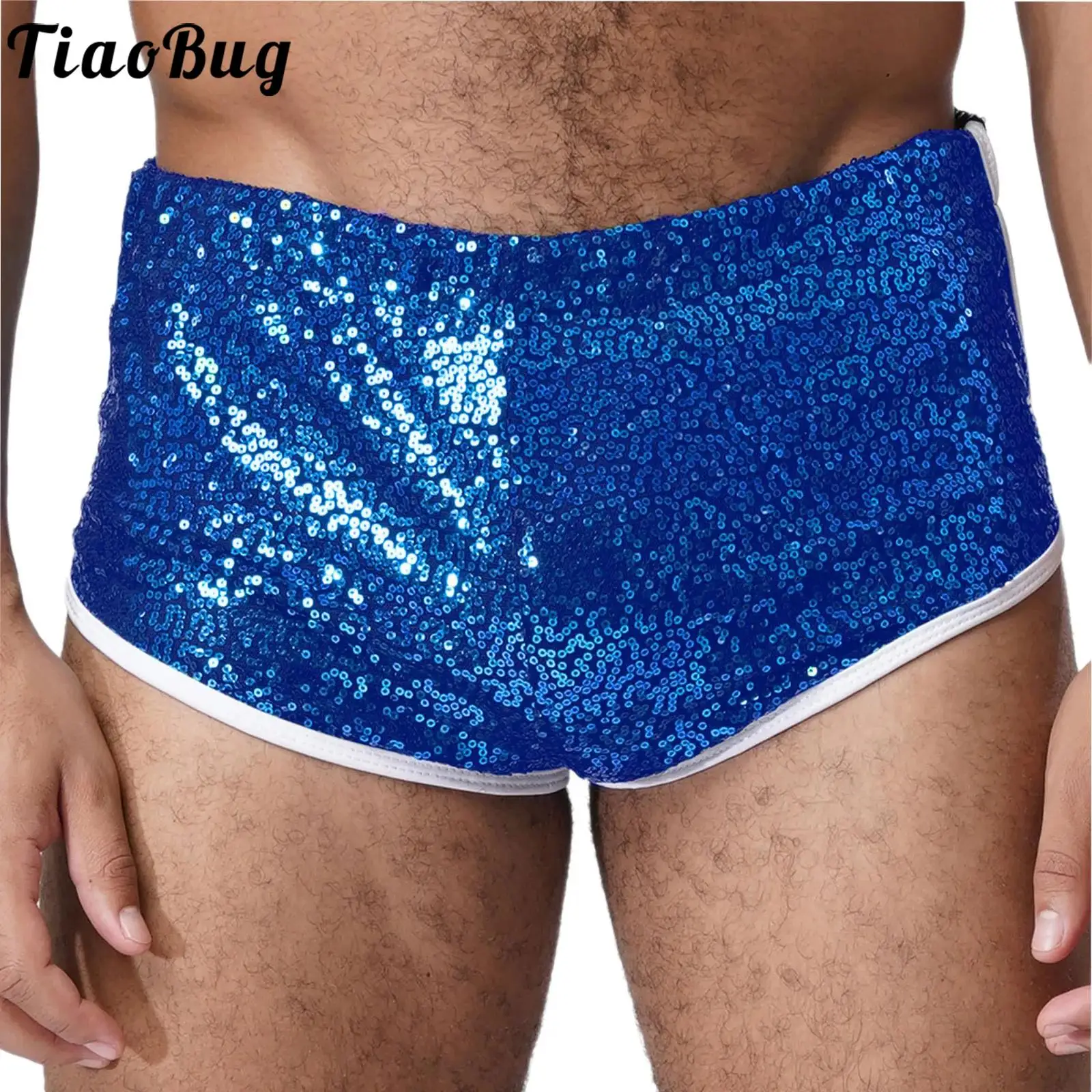 Men Glittery Sequin Low Rise Shorts Lingerie Shiny Elastic Waist Color Block Briefs Shorts Hot Pants for Club Beach Pool Party