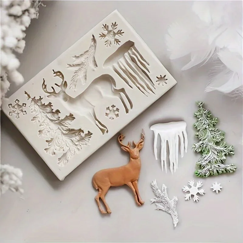 

1pc, Christmas Tree Elk Fondant Mold, 3D Silicone Mold, Winter Deer Ice Snowflake Candy Mold, Chocolate Mold