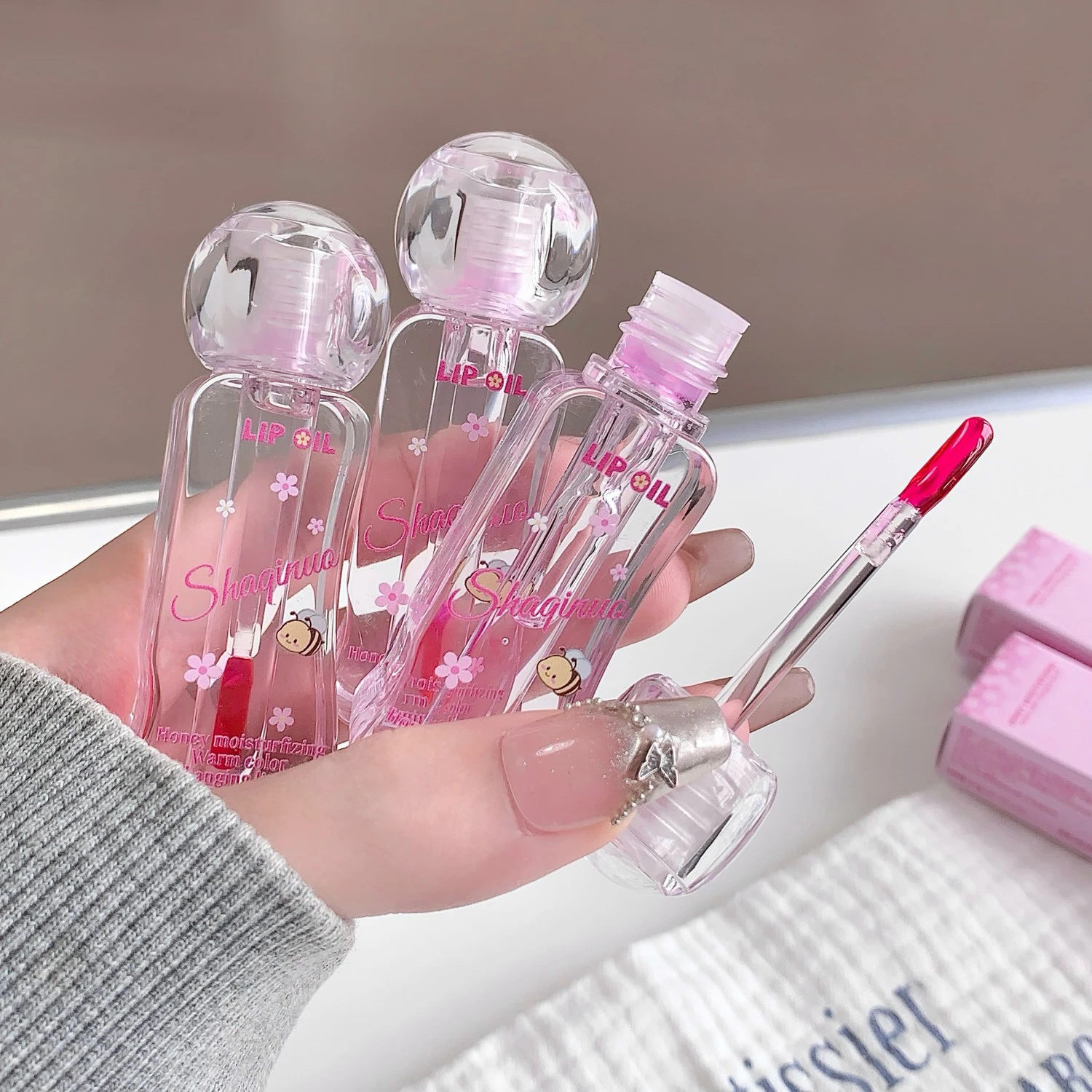 زيت الشفاه المتغير لدرجة الحرارة والعسل، ملمع الشفاه المرطب SHAQINUO، تقليل خط الشفاه، زيت الشفاه المتحول اللون