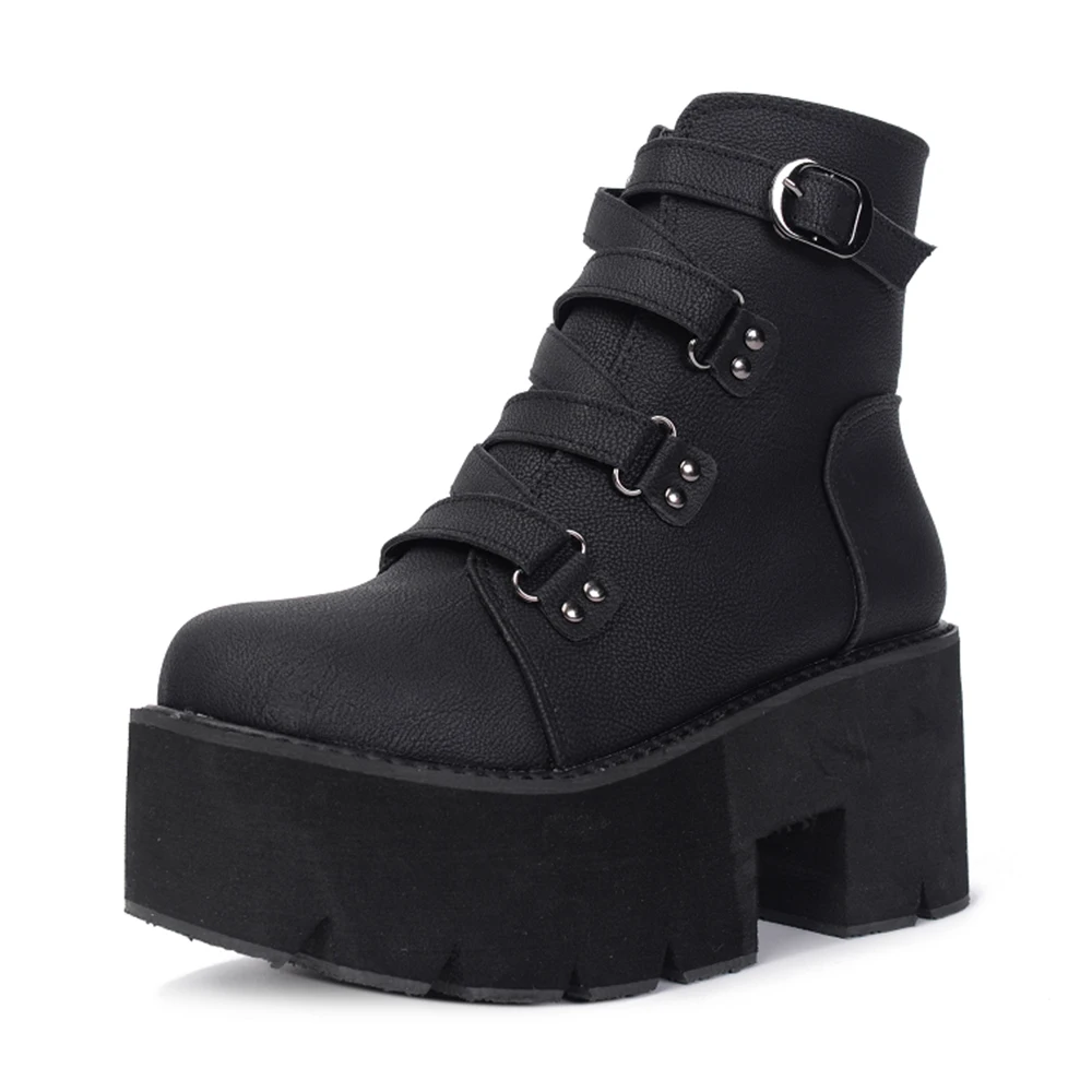 Gdgydh Women\'s Black Platform Boots Comfy Round Toe Buckle Strap Solid Color Chunky Heels Mid Calf Boots Gothic Style