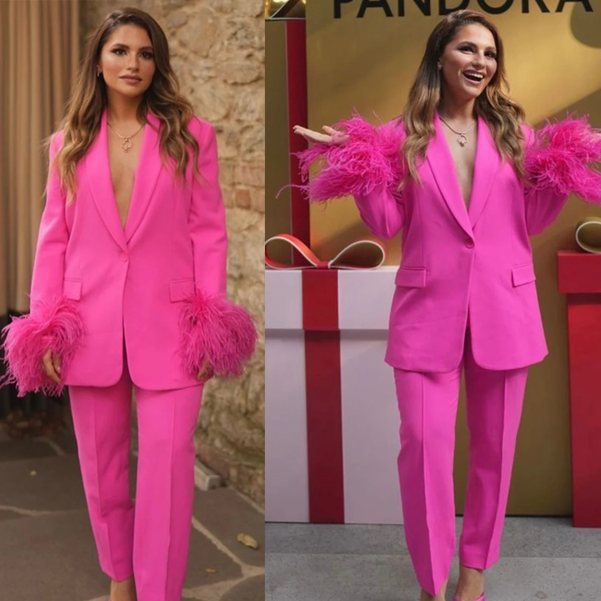 Fashion Pink Blazer Suits Women Pencil Pants Pocket Feather Jacket Elegant Office Lady Casual Daily Coat 2 Pieces Set