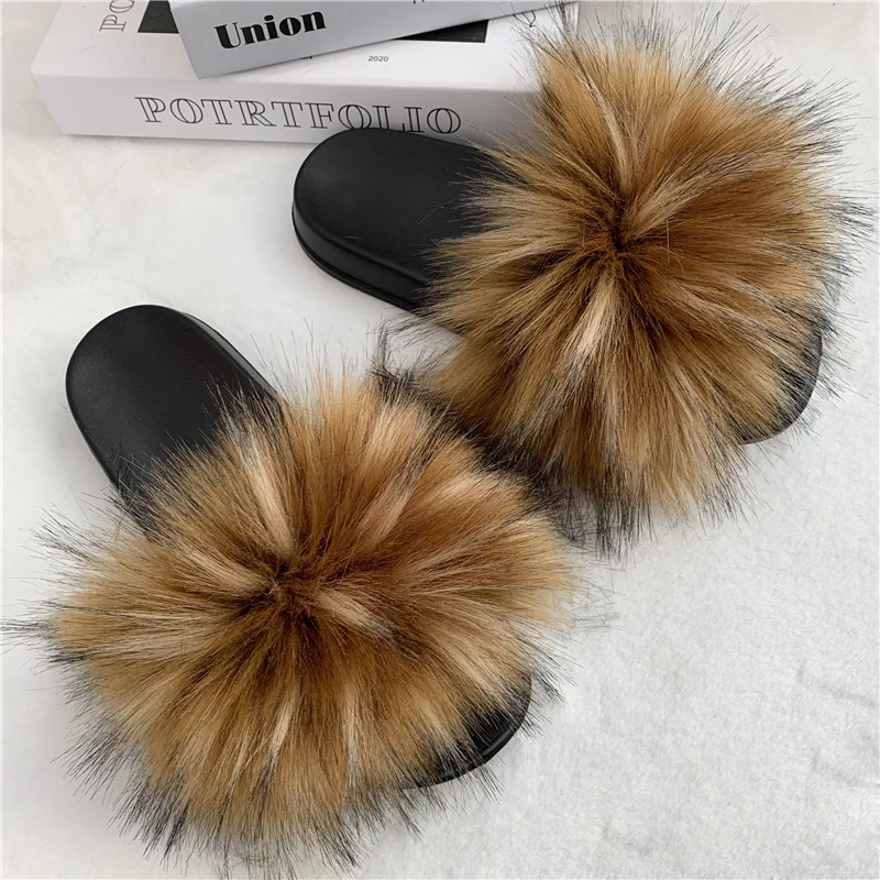 Yaz taklit kürk terlik kadın kapalı kürklü kürk slaytlar kadın peluş Flip flop daireler sandalet rahat kabarık terlik ev ayakkabıları