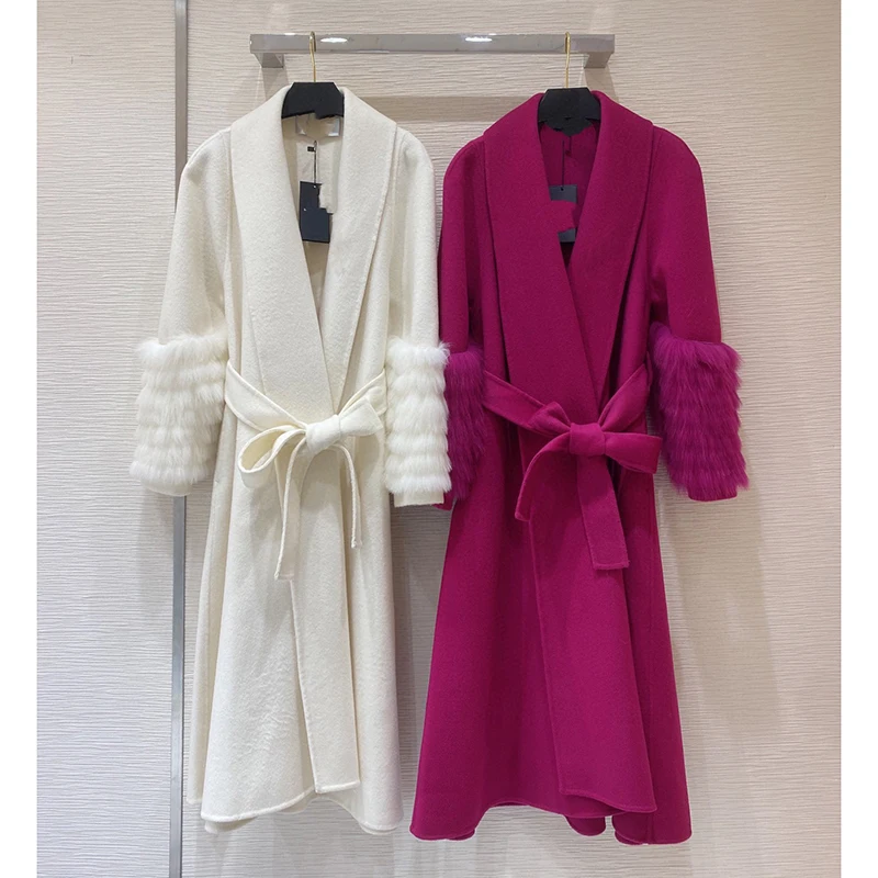 Pitaya Color Double-Sided Cashmere Coat Autumn Winter Elegant Fashion Belt Slim Robe With Fox Fur Sleeves Long Woolen Jcaket