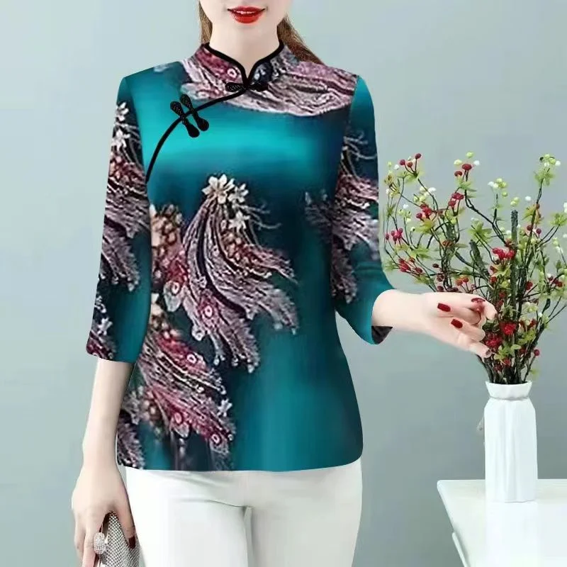 

Mother Imitation Silk Cheongsam Collar Seven-point Sleeve T-shirt Women's Spring Summer Chinese Style Top Middle-aged Leggings