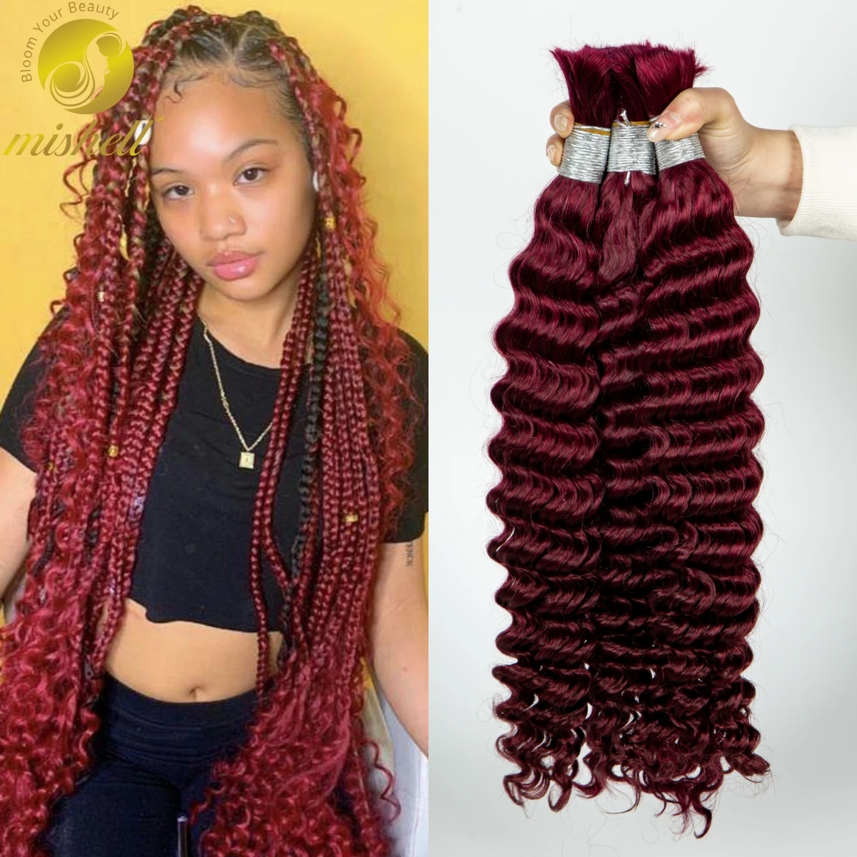 

1 3 4 Bundles Burgundy 99J Curly Braiding Hair 26 28 Inch Deep Wave Human Hair Bulk for Braiding No Weft 100% Virgin Hair