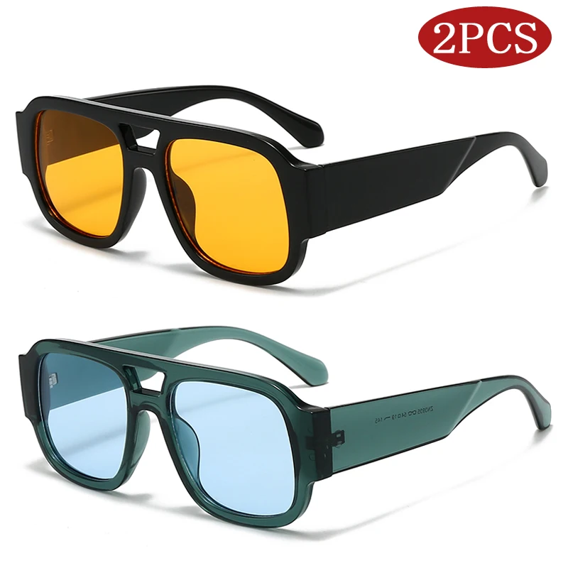 2pcs Fashion Candy Color Square Sun Glasses Women  Large Frame Double Bridges Sunglasses Retro Wide Legs Men Eyeglasses Shades