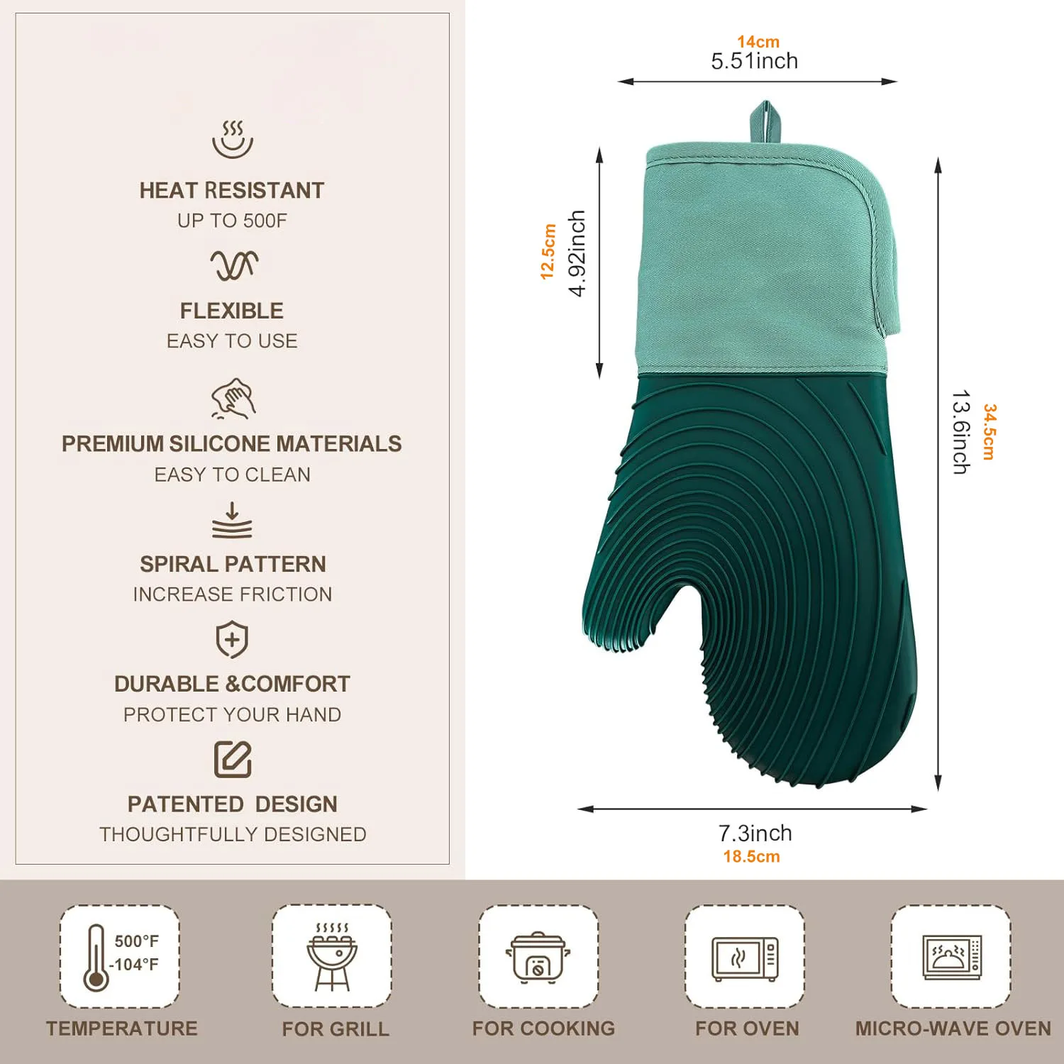 Silicone Oven Mitts - Oven Mitts Heat Resistant 500F 13.6 in, FDA BPA-Free Soft Lining Grippy Design Waterproof Oven Gloves