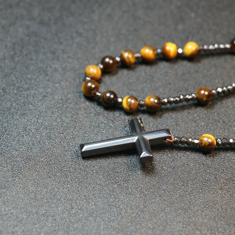 1PC Tiger Eye Stone Natural Stone Cross Beads Necklace Iron Gallstone Beads Handmade Beads 8mm Men\'s Ethnic Style Necklace