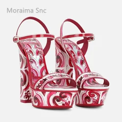 Red Print Waterproof Platform Chunky Heels Sandals for Women 14Cm Open Toe High Heels One Belt Buckle Strap Boho Vacation Shoes