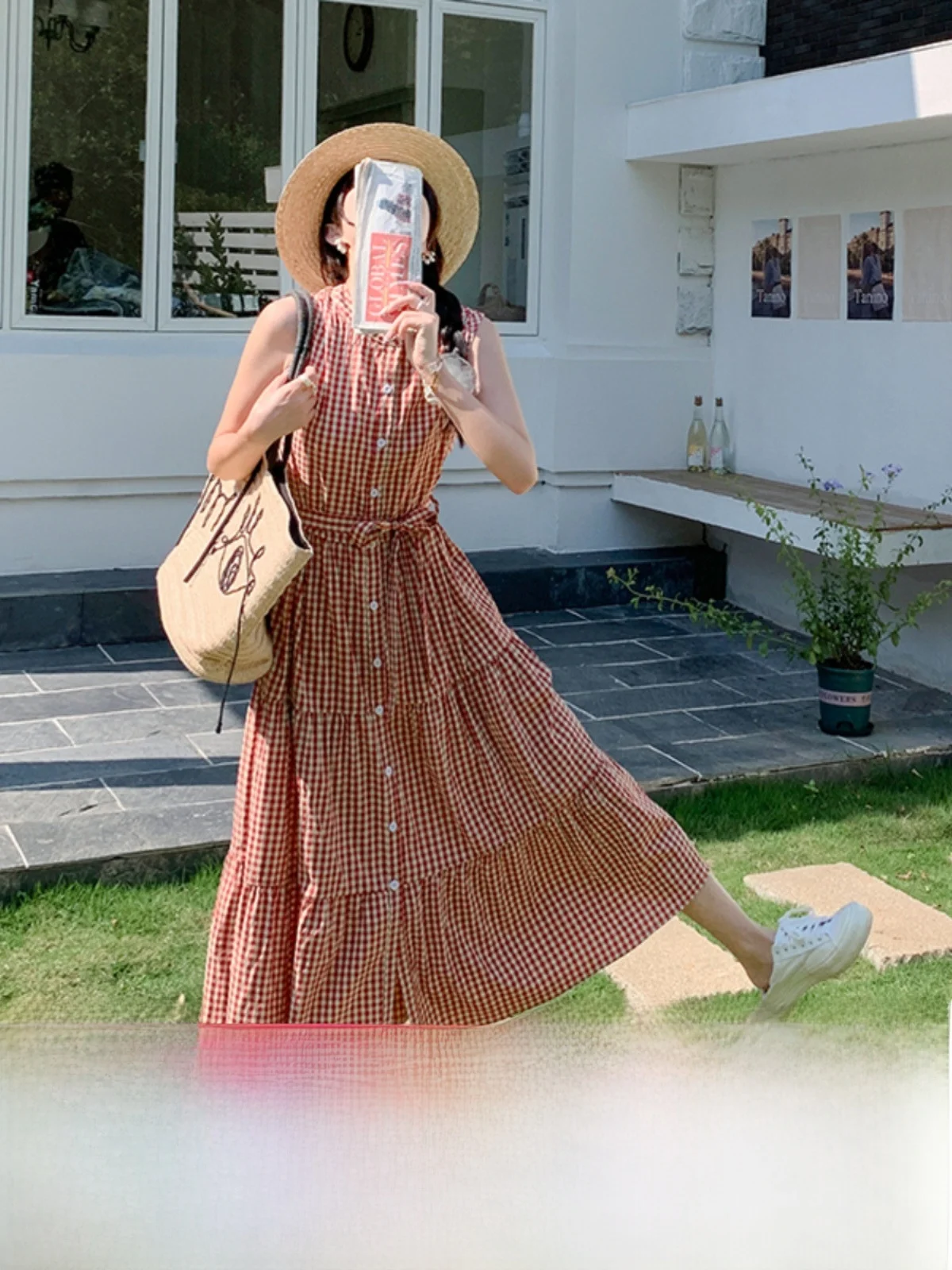 Rote karierte Weste, Damen, langer Sommerrock, neu, schlicht, Retro, tailliert, koreanischer Stil, hohe Taille, A-Linie, langer Rock