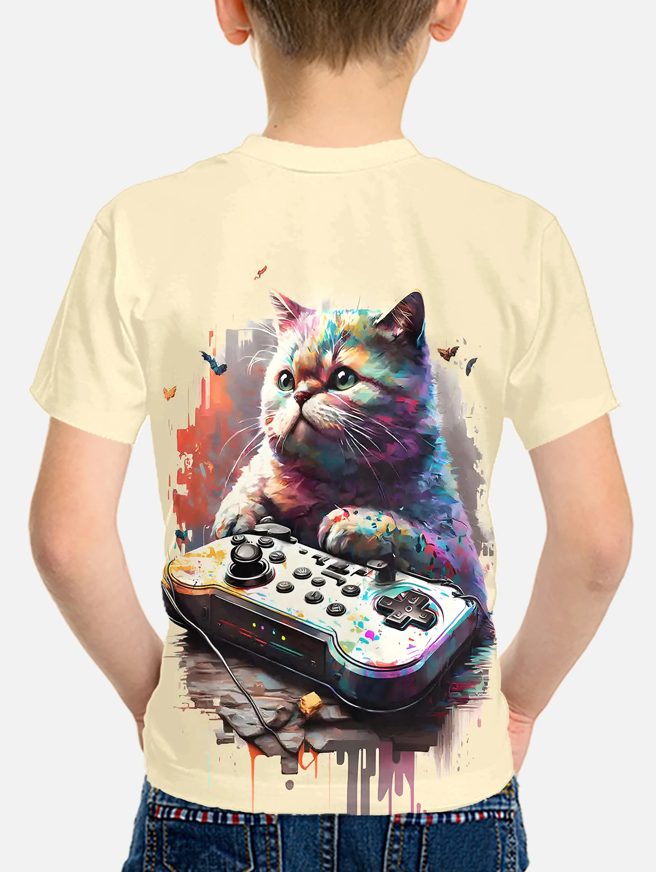 Short Sleeve T-shirt for a Boy Korean Cute Fluffy Gamer Cat Children's Clothes 2024 Kids Spring Clothes Tops Top Shirts T-shirty