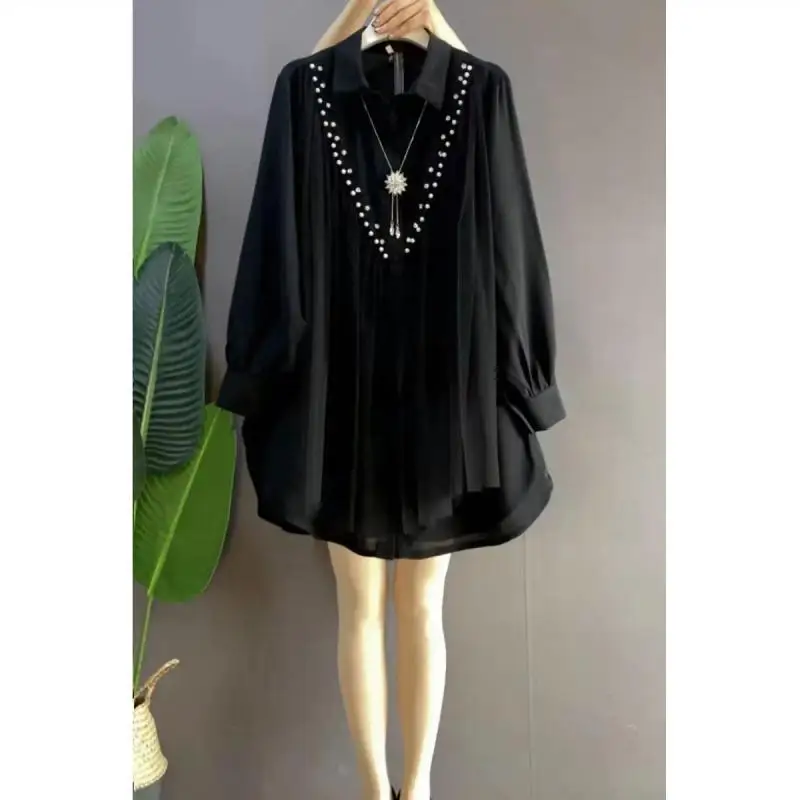 2023 New Spring and Autumn Fashion Polo Neck Studded Chain Metal Decoration Lace Splice Loose Relaxed Commuter Oversized Shirt