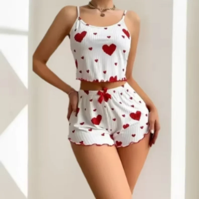 

Sexy Sleepwear Women Pajamas Set Heart Print Silk Stain V-Neck Sleeveless Casual Cami Top and Shorts Sets Home Suit Loungewear