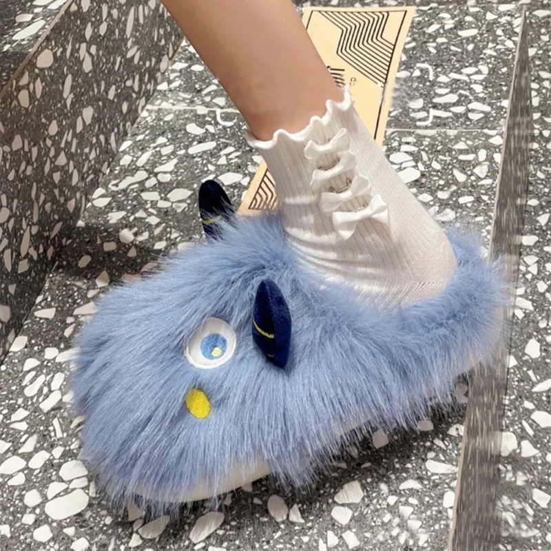 Cartoon big eyed monster plush slippers, soft Warm and fluffy living room slippers men women, cute thick soled winter home shoes