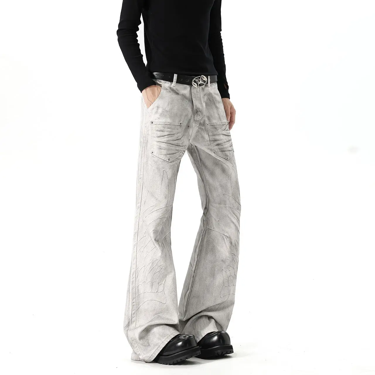 Light Asian-Style American High Street Spray-Painted Distressed Embroidered Angel Wings Jeans for Men with Vintage Rivet Design