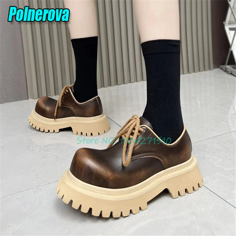 Retro Round Toe Thick Soled Derby Shoes for Men Women British Style Lace-Up Platform Oxfords Outdoor Trendy Couple Casual Shoes