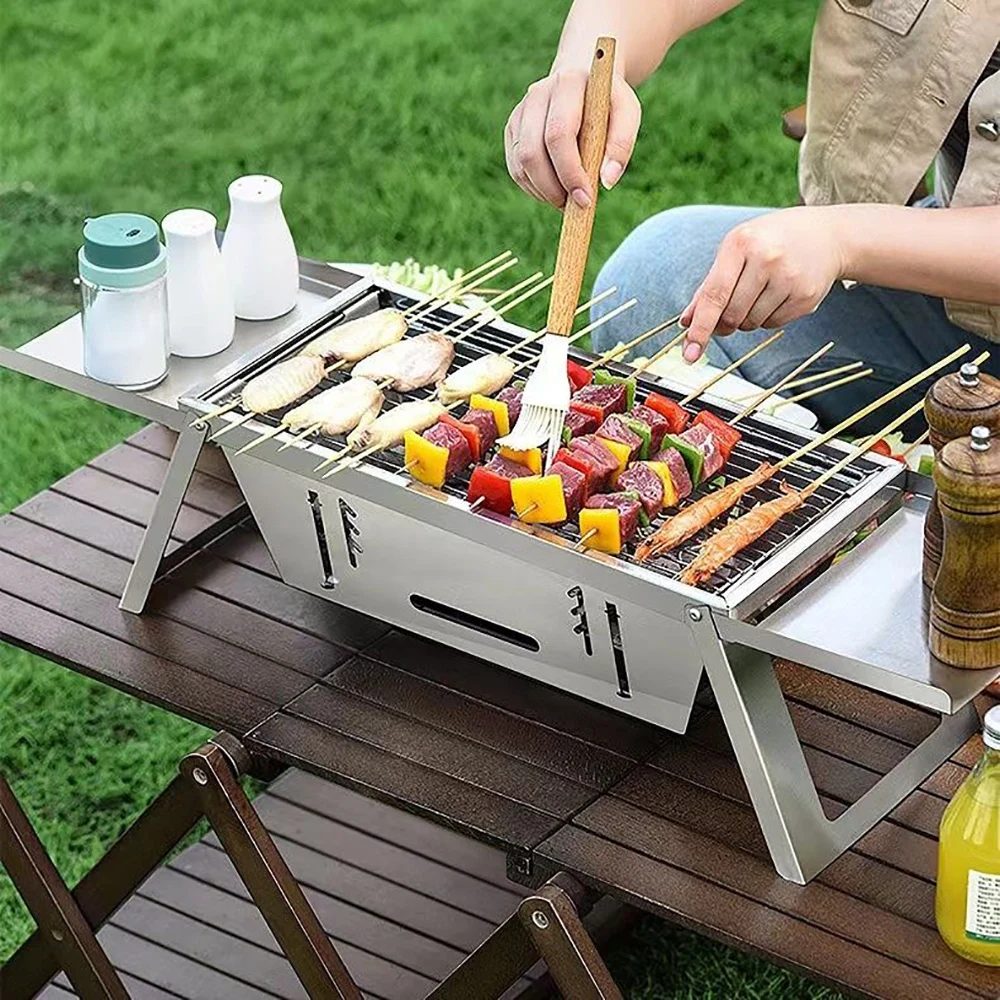 Folding BBQ Stove Stainless Steel BBQ Grill Foldable Lightweight Barbecue Grill With Grill Skewers And Gloves