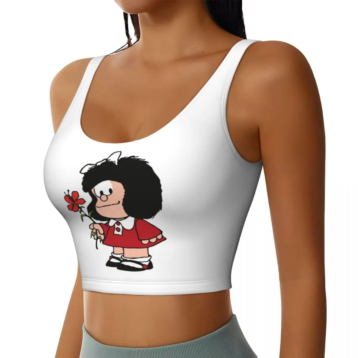 Custom Kawaii Mafalda With Flowers Sports Bra Women's Quino Comic Cartoon High Impact Workout Yoga Crop Top