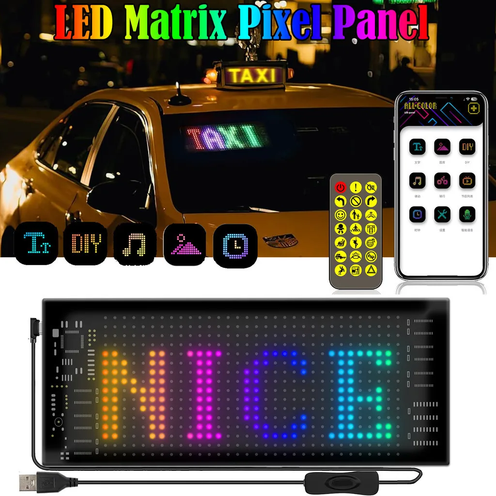 painel led matrix pixel para carro painel pixel faca voce mesmo controle bluetooth app placa de texto graffiti scrolling 5v usb publicidade para brisa tela rgb 01