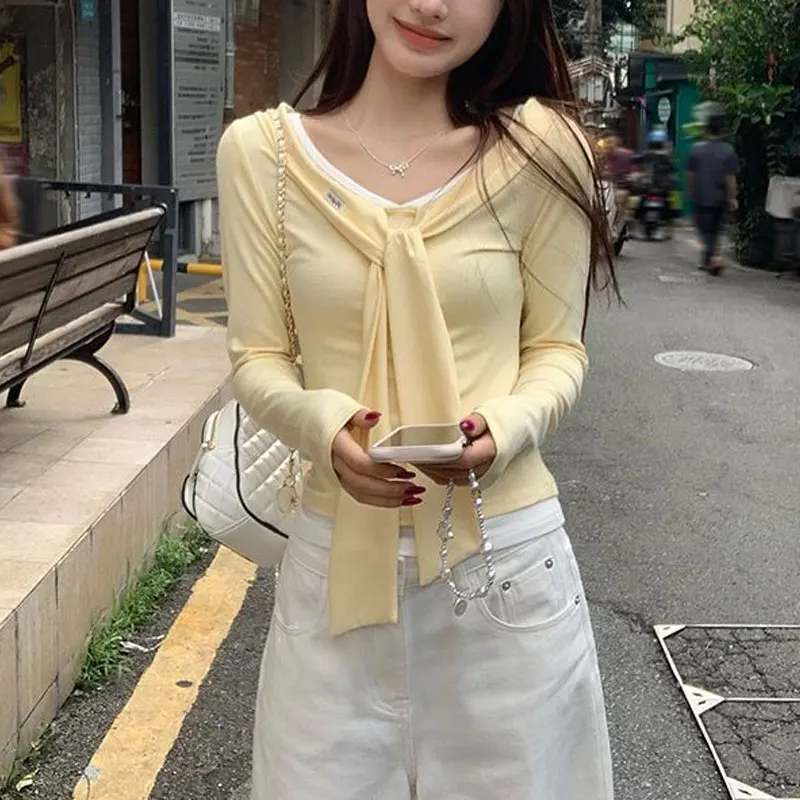 

Fake Two Pieces Shawl Bandage Pullovers Women's Clothing Solid Color Autumn Korean Slim Long Sleeve Casual Patchwork T-shirts