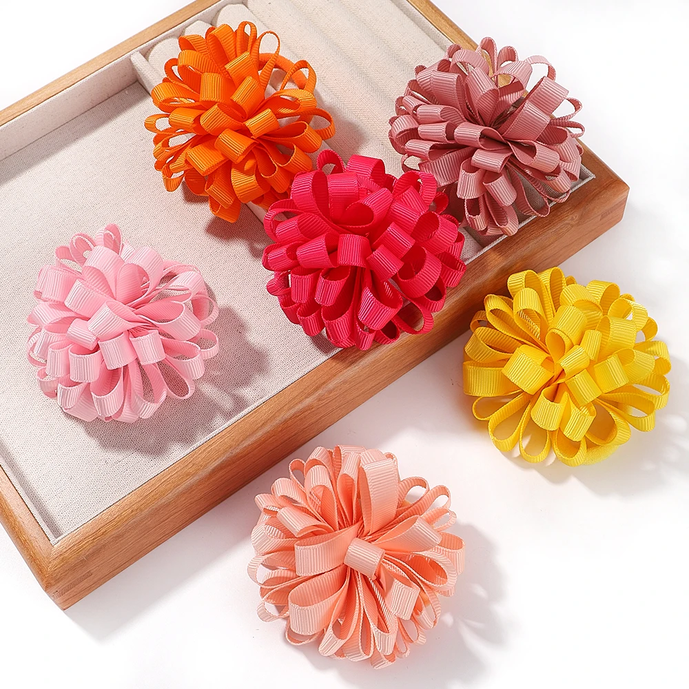 2Pcs Girl Elastics Hair Band Big Grosgrain Ribbon Flower Ball Hairrope Pretty Festival  Dress Up Hair Tie Accessories 20Color