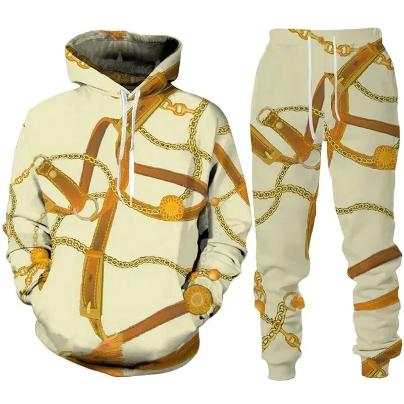 Fashion Luxury Golden Pattern Men Hoodie Sets 3D Print Sweatshirt Hooded Sweatshirt Oversize Sportswear Trousers Suit clothing