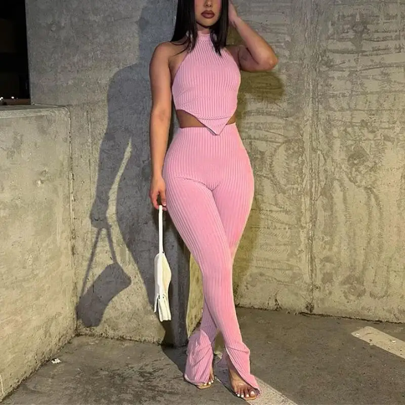 Women Casual Set Female Streaks Irregular Backless Cutout Sleeveless Top Pencil Pants Solid Colour Suit Ladies Premium Clothes