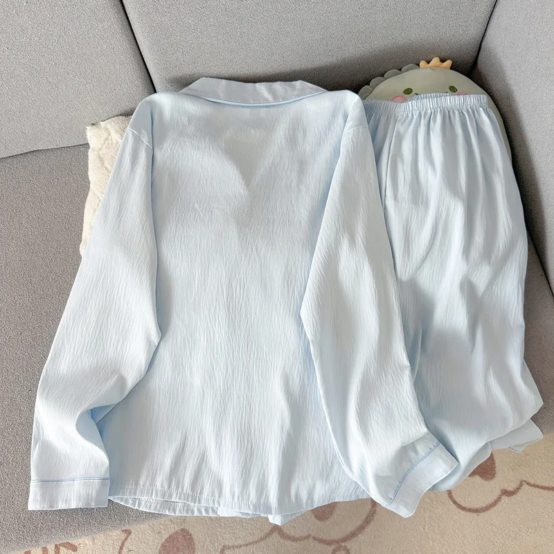 Spring and Autumn Women's Pajamas Solid Color Long Sleeve Pants Flip Collar Cardigan Set Loose Casual Home Clothes 2-piece Set
