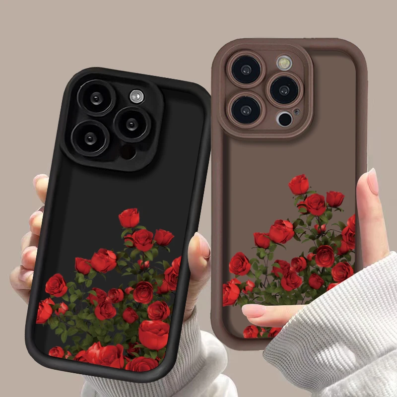 Painting Red Rose Flower Case for IPhone 11 12 13 14 15 Pro Max XS XR X 8 7 Plus SE2 IPones 14Pro 15Pro Matte Soft Silicone Cove