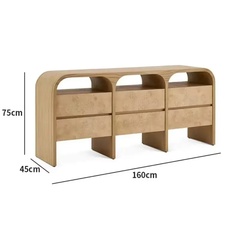 Retro Solid Wood Farmhouse Side Cabinet Modern 6 Drawer Curved Design Durable Large Capacity Storage for Living Dining Room