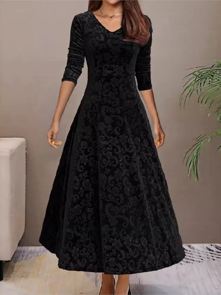 

Autumn Dress Long Sleeves Waist Tight A-Line Unique Pattern Dress For Women Pleated Loose Hem Vestidos Para Mujer Maxi Dresses