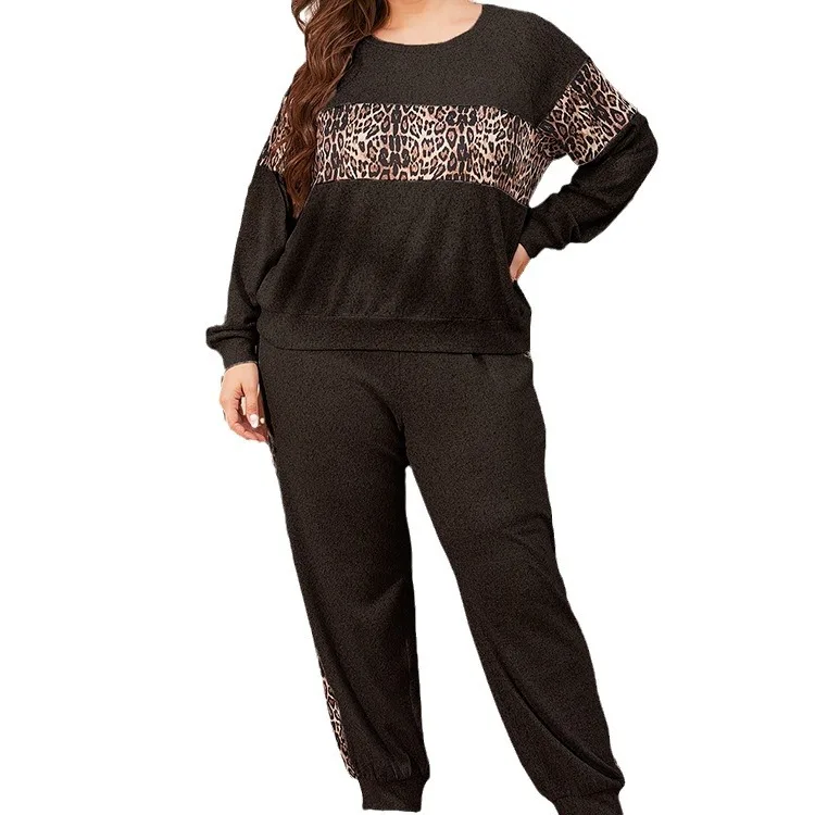 Krismile Plus Size Women's Pajama Sets Autumn Winter Flannel Leopard Print Knit Long Sleeve Top Pencil Pant Large Size Pajamas