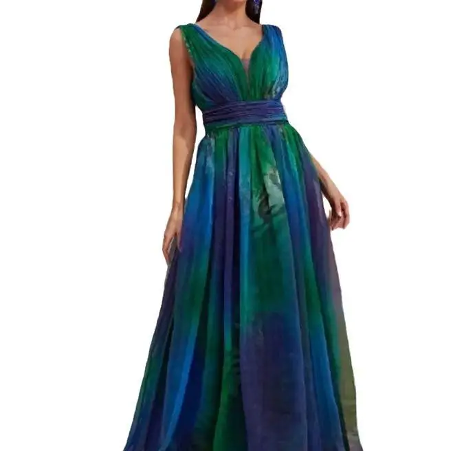 Summer New Women's Deep V Bal Printed Dr High Waist A-Line Long Skirt Svel Dyed tough Head Zipper Closure