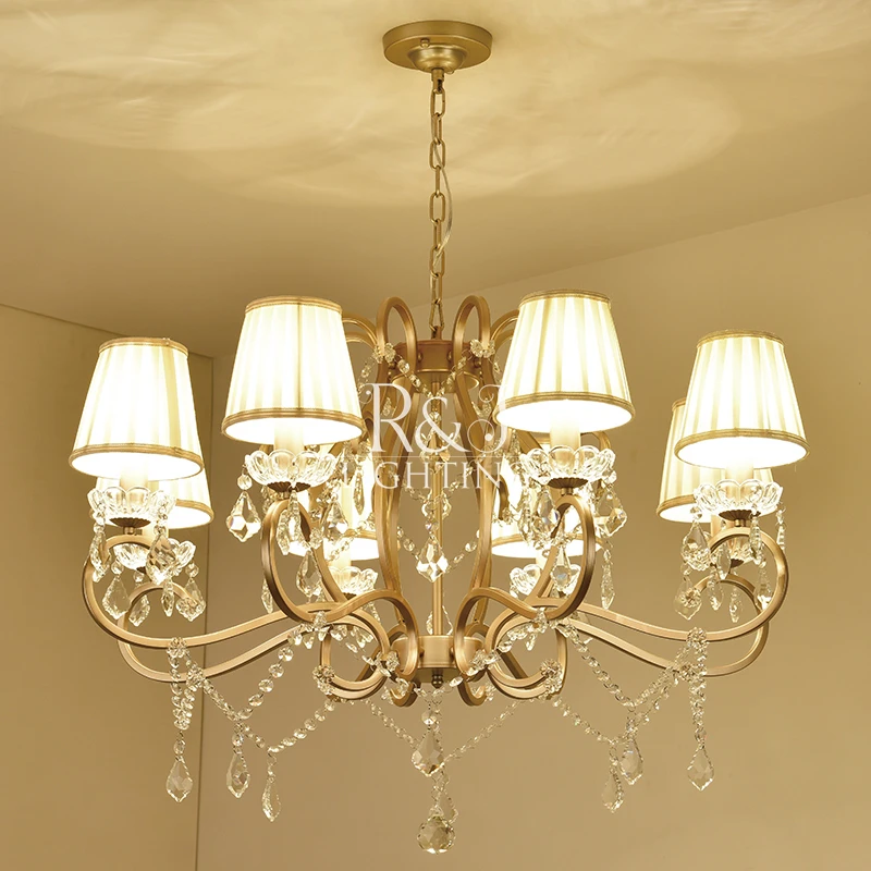 

European Moroccan Home Decor French Pastoral Art Living Room Bedroom Cloth Lampshade Luxury Golden Crystal Chandelier