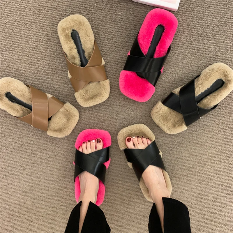 

Winter Warm Plush Slippers For Women's High-quality Casual High-end Imitation Fur Slippers For Home Plush Luxury Lazy Slippers