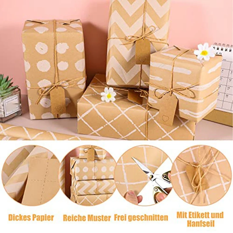 4 Roll Wrapping Paper, Paper Wedding 43 X 300 Cm/Roll Wrapping Paper Set With 2 Adhesive Tapes 3 Ropes 20 Kraft Paper Tags