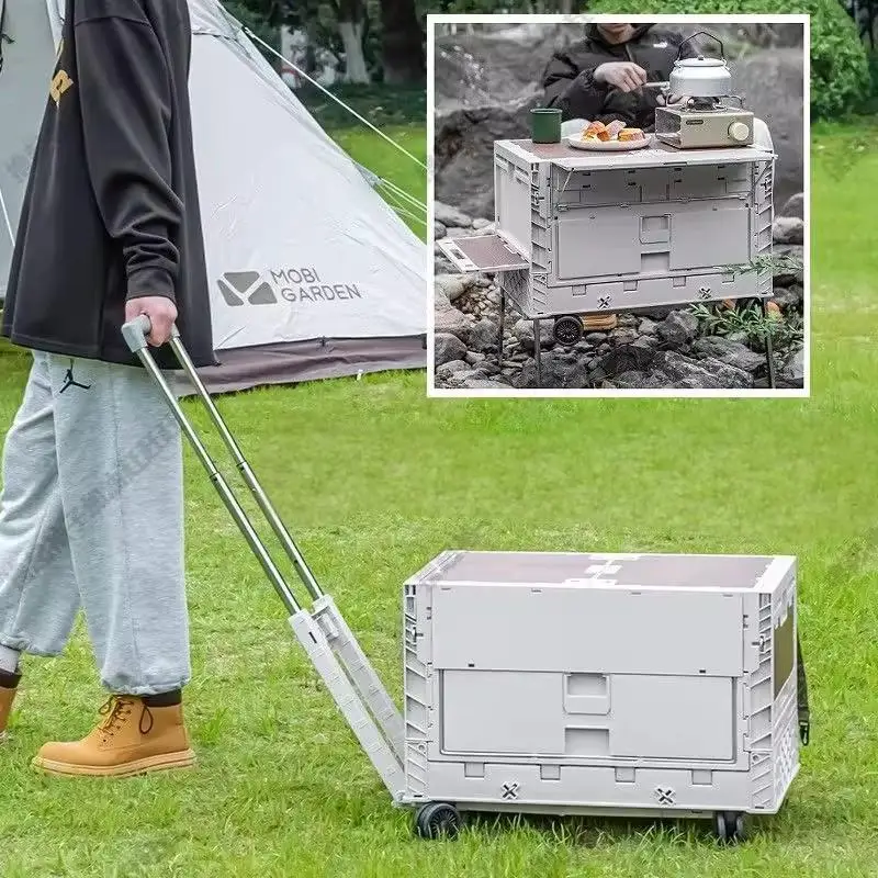 Portable Camping Storage Box with Wheels - Foldable Outdoor Picnic Table & Car Organizer, Dual-Use Travel Storage Container for