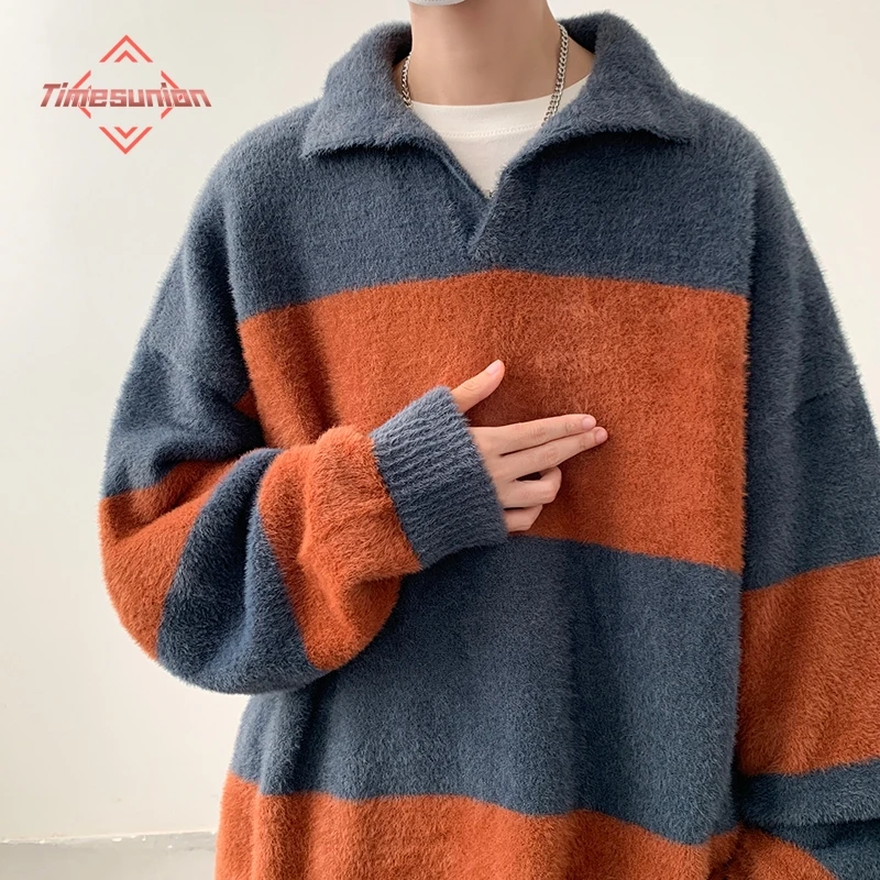 

Autumn Winter Christmas Sweater for Men Striped Jumper Fashion Casual Lapel Sweaters for Women 2023 Loose Mohair Sweater