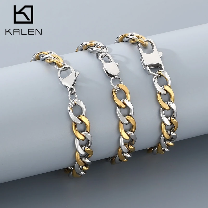 KALEN 9MM Spaced Gold Color Cuban Chain Men's Bracelet Personalized Women's Shiny Stainless Steel Jewelry Simple Link Accessory